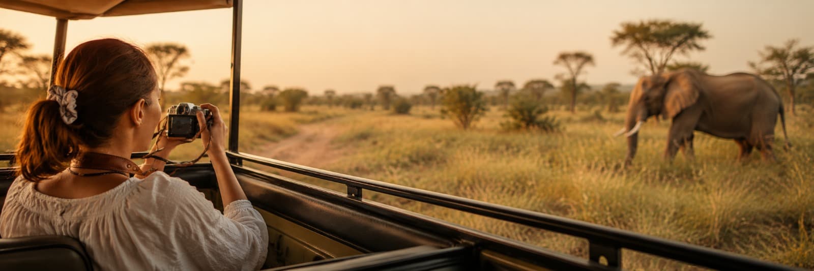 Alleinreisende Frau fotografiert einen Elefanten von einem Safari-Fahrzeug aus