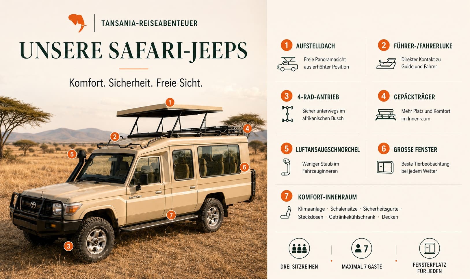 Infografik: Ausstattung unserer Safari-Jeeps – Aufstelldach, Führerluke, 4-Rad-Antrieb, Gepäckträger, Luftansaugschnorchel, große Fenster und Komfort-Innenraum
