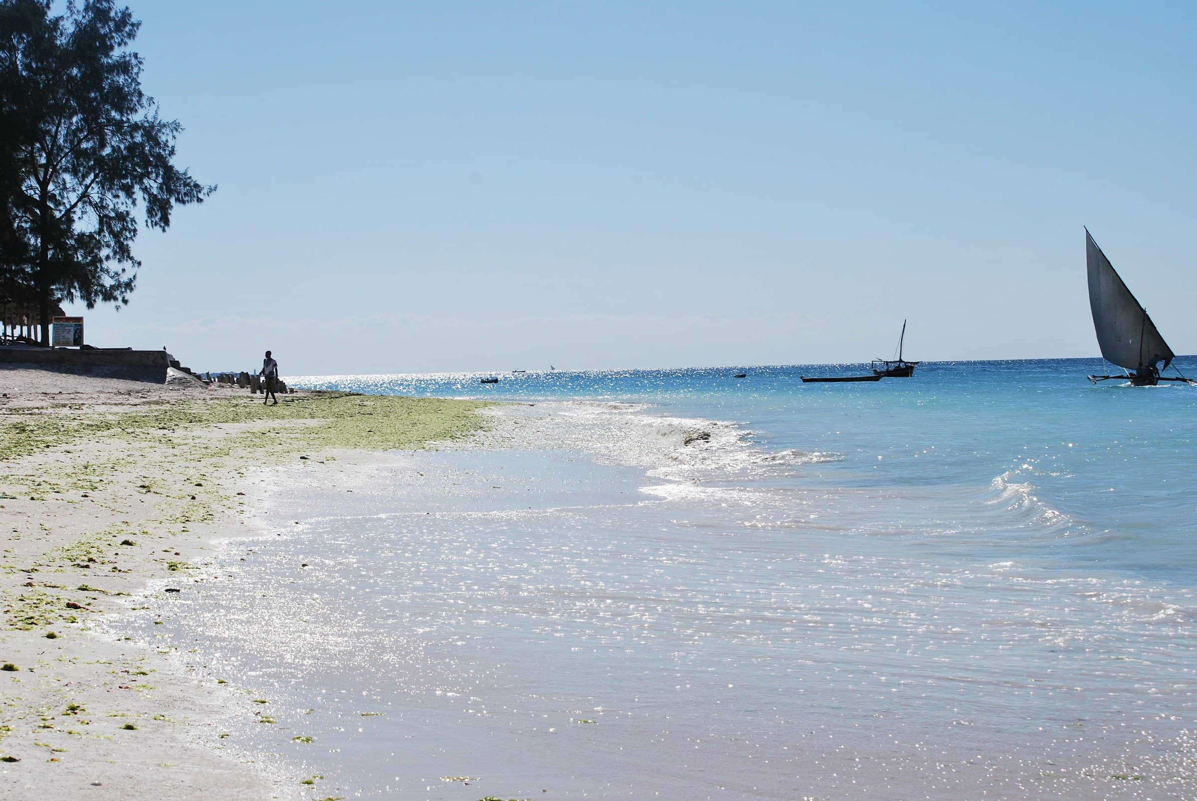 Traditionelle Dhow und Fischer am Strand der Ostküste Sansibars bei ablaufendem Wasser