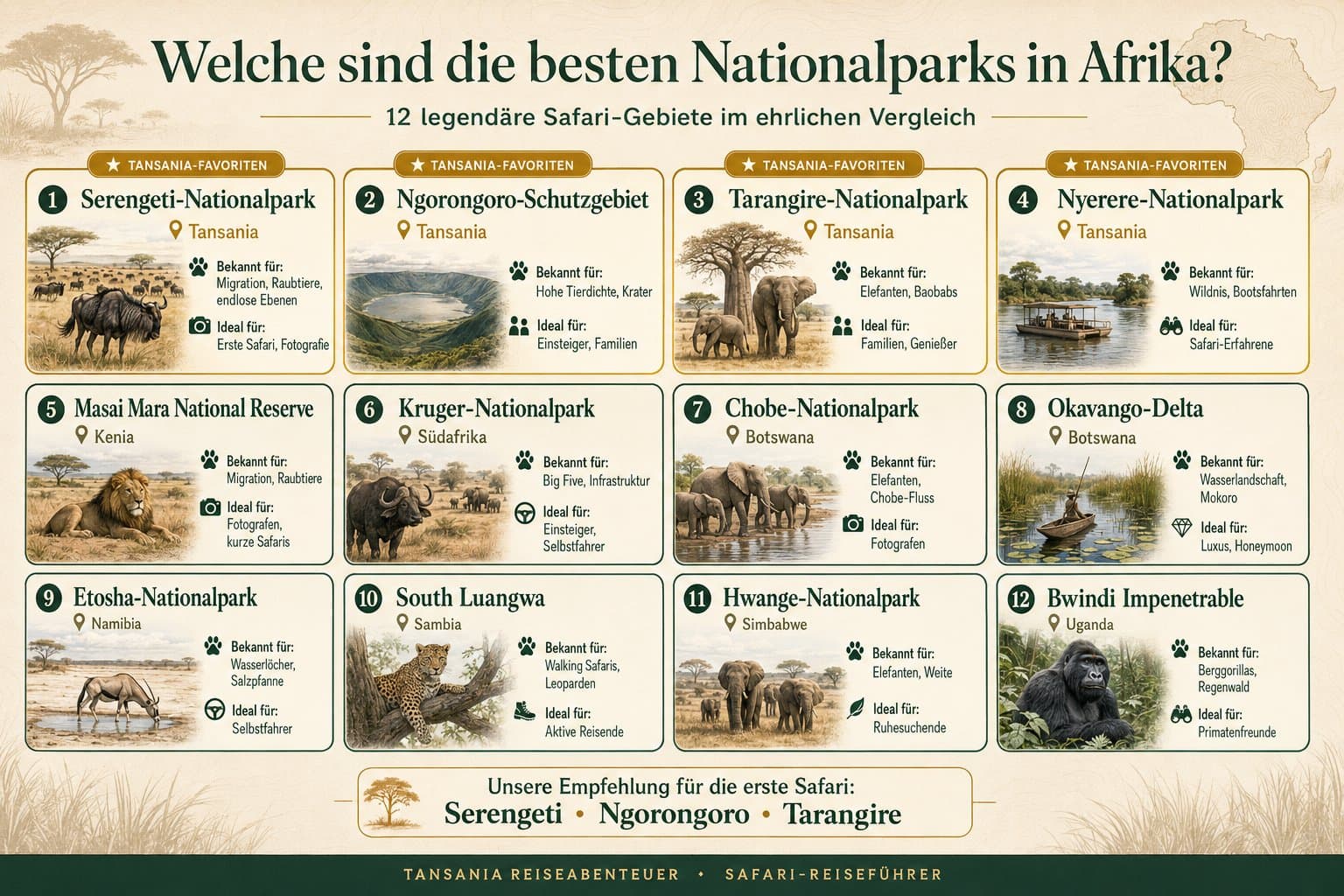 Infografik: 12 Nationalparks Afrikas im Vergleich nach Land, bekannten Merkmalen und Eignung