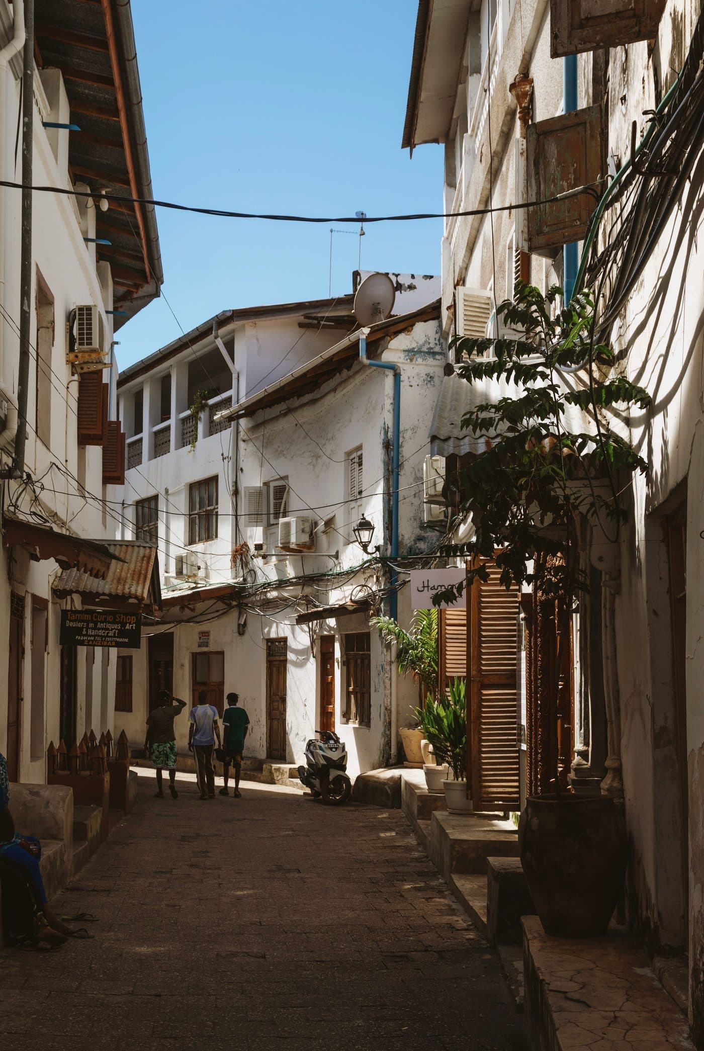 Enge, historische Gasse in Stone Town, Sansibar, mit traditionellen Gebäuden