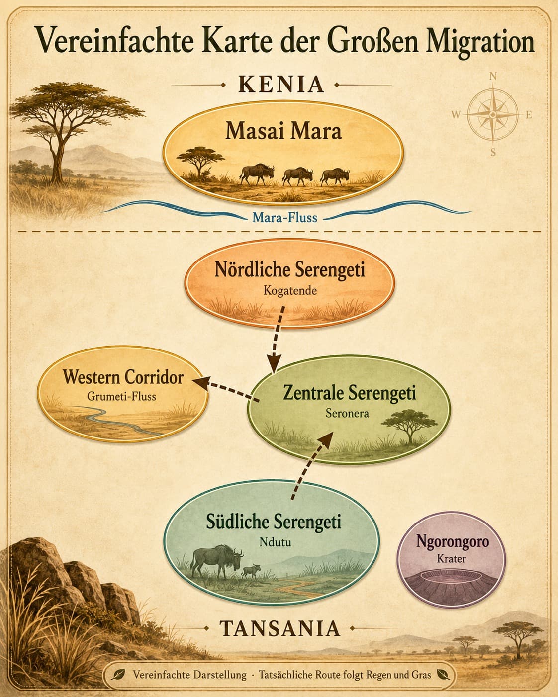 Vereinfachte illustrierte Karte der Großen Migration mit Masai Mara, Mara-Fluss, nördlicher, zentraler und südlicher Serengeti, Western Corridor und Ngorongoro-Krater