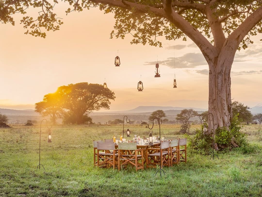 Privates Bush Dinner mit Laternen unter einem Baum in der Savanne bei Sonnenuntergang
