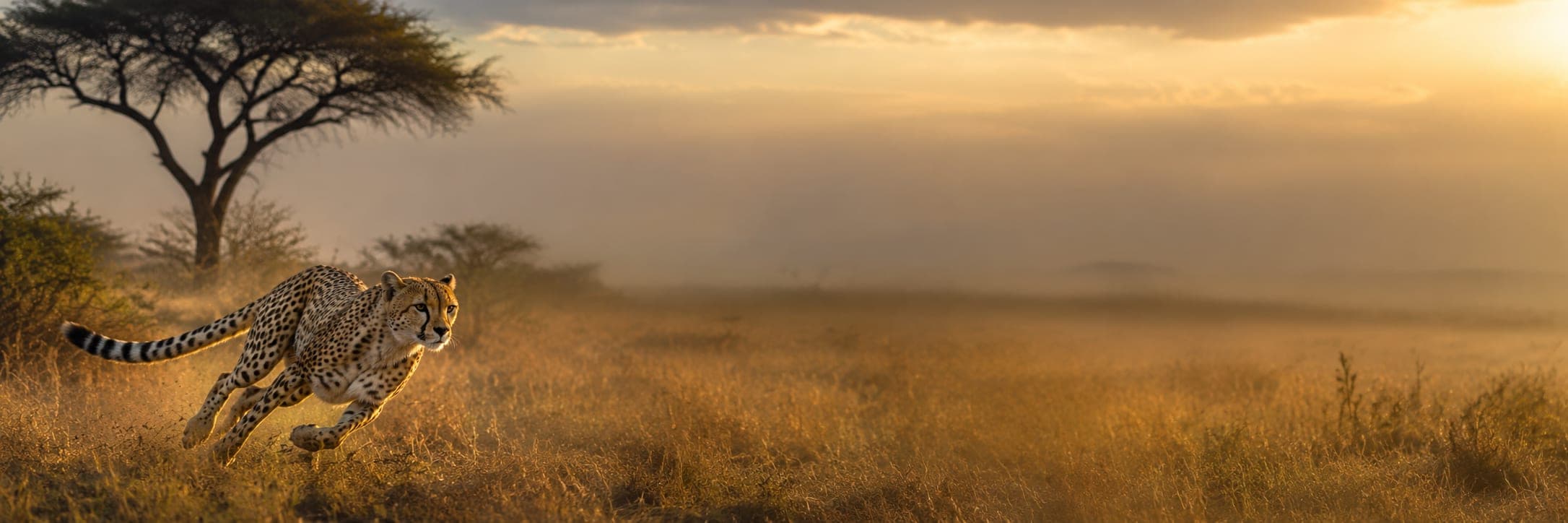 Gepard in voller Geschwindigkeit bei goldener Morgendämmerung in der Serengeti