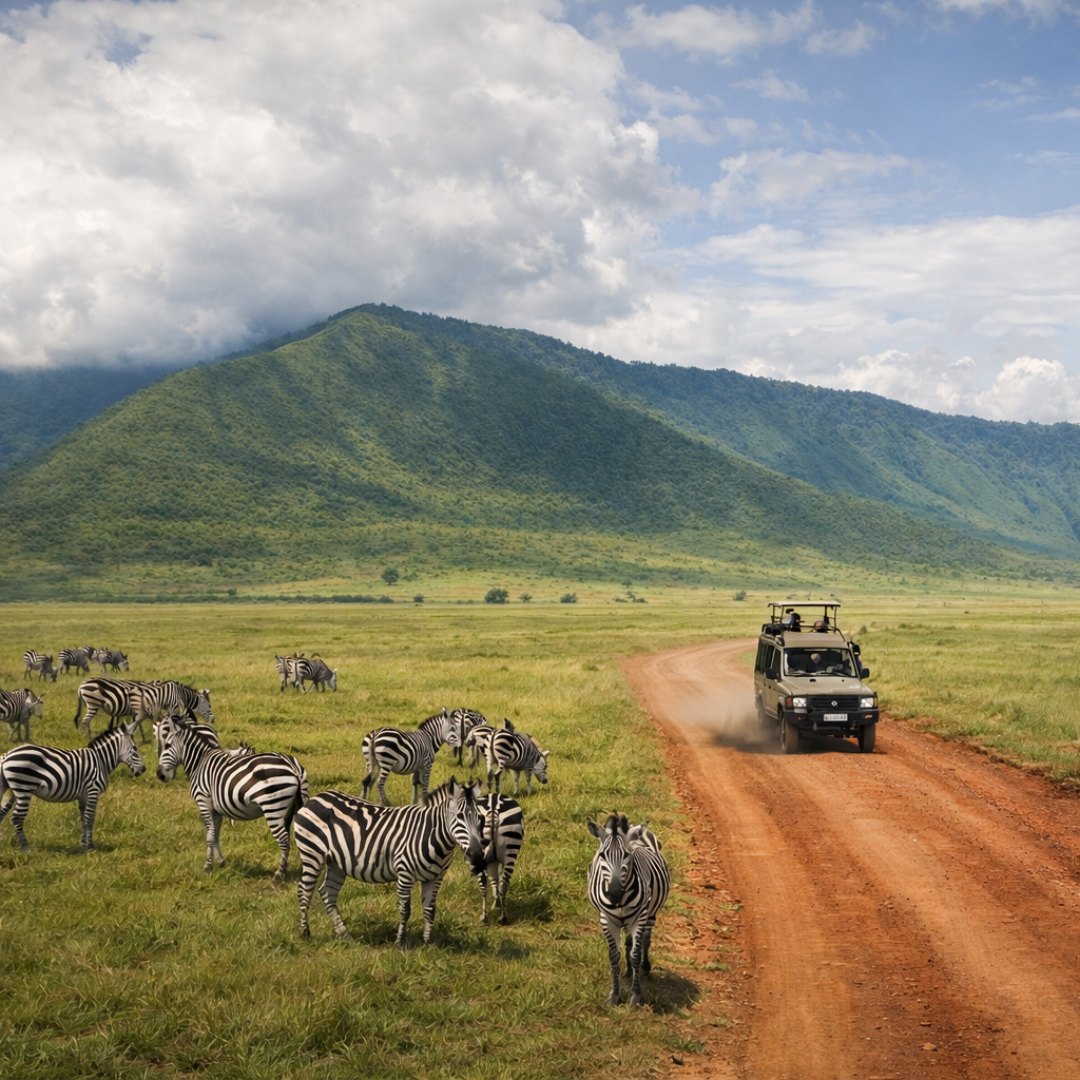 Safari-Fahrzeug auf roter Piste zwischen Wildtieren in Tansania