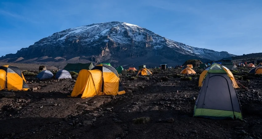 Expedition-Zeltlager auf dem Kilimandscharo mit dem schneebedeckten Gipfel im Hintergrund – Machame Route
