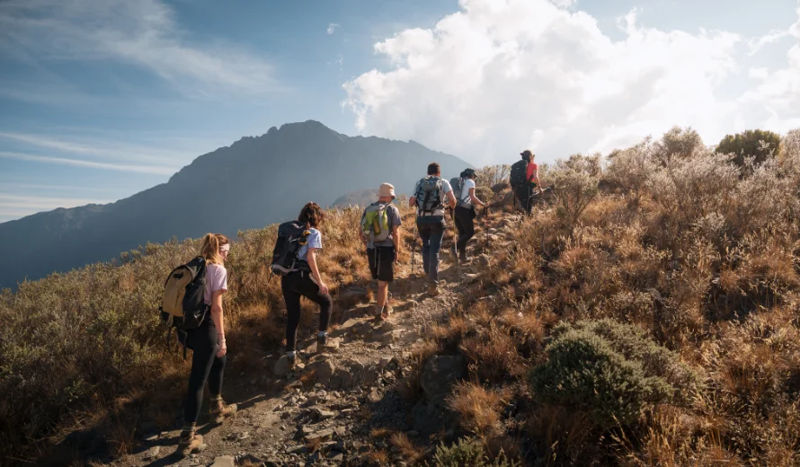 Trekkergruppe auf dem Gipfelgrat des Mount Meru – Expedition zum Socialist Peak, Tansania